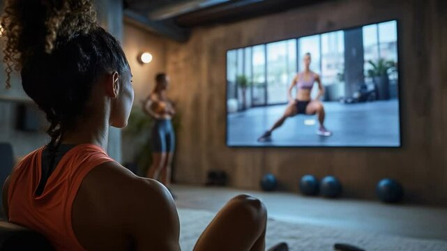 Woman following online fitness class on smart tv