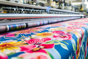 Vibrant floral fabric printing on industrial textile machine