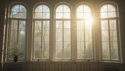 Fototapeta premium Sunlight streams through ornate arched windows in a light-filled room.