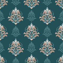 Classic seamless damask pattern with ornate floral motifs in teal, beige, and cream tones. Ideal for wallpaper, fabric design, packaging, luxury backgrounds, and classic decor themes.