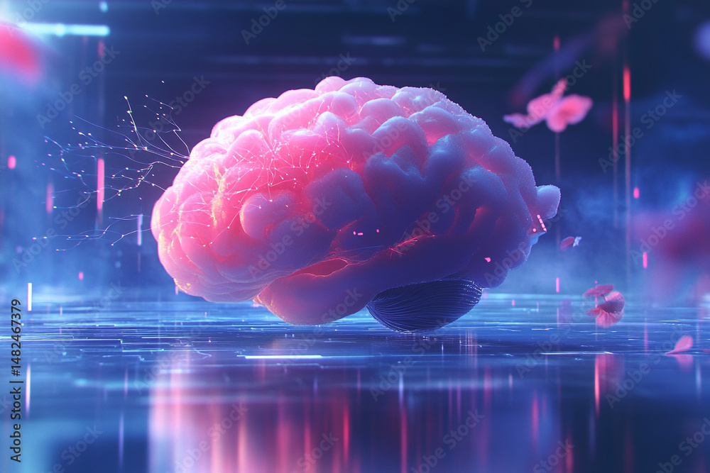 Wall mural glowing brain digital art neural network connections abstract background