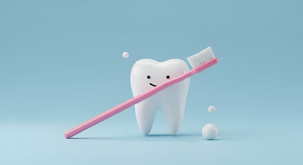 Cartoon tooth with a pink toothbrush positioned on a light blue background. Toothbrush is brushing the tooth, illustrating the act of dental hygiene in a simple, kid-friendly manner.
