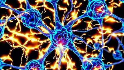 Glowing blue and orange neural network structure pulsing with energy, abstract animation of brain synapses and artificial intelligence system