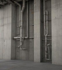 Raw concrete wall, exposed pipes, industrial machinery  , heavy, photo, machinery