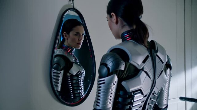 Femme en armure futuriste se regardant dans un miroir

