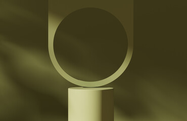 3D podium, display, brown khaki green with tree shadow and round frame. Luxury cosmetic product presentation. Abstract, summer day . 3D render mockup.	

