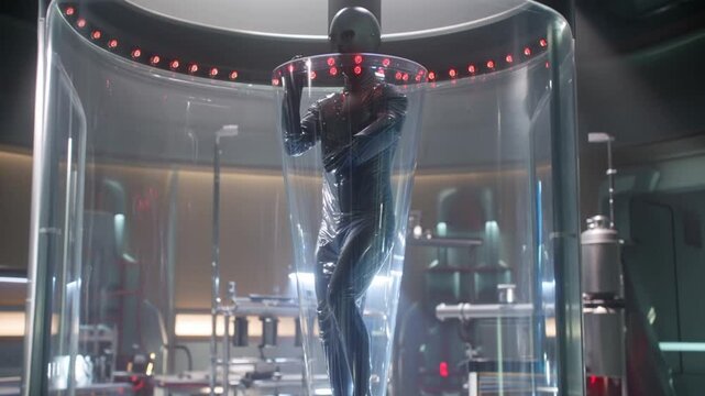 Cr&eacute;ature humano&iuml;de enferm&eacute;e dans une capsule futuriste de laboratoire

