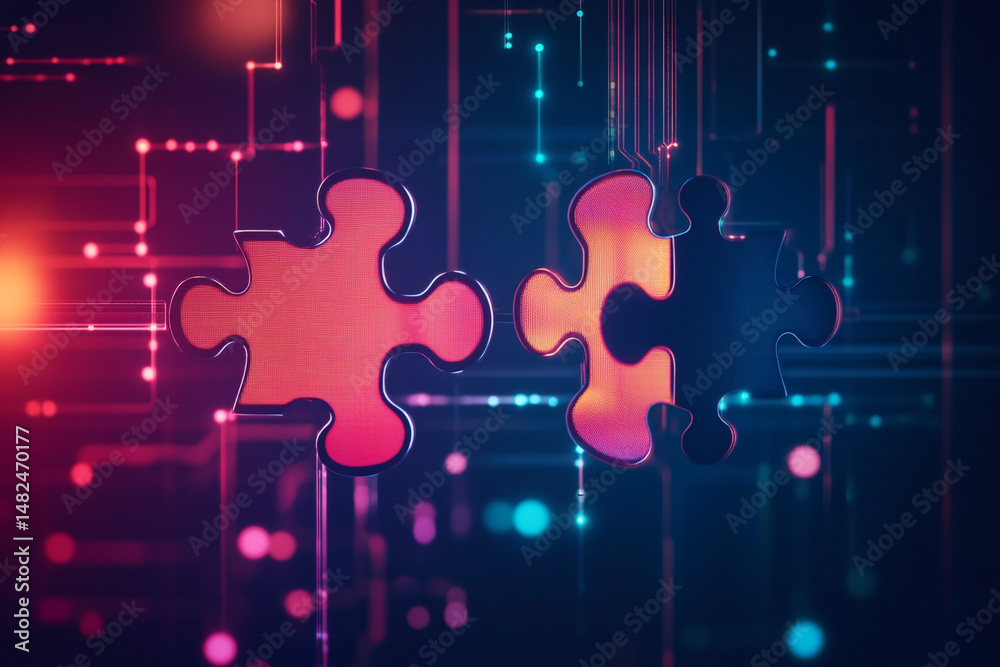 Wall mural two glowing puzzle pieces connect on a digital background symbolizing connection and integration