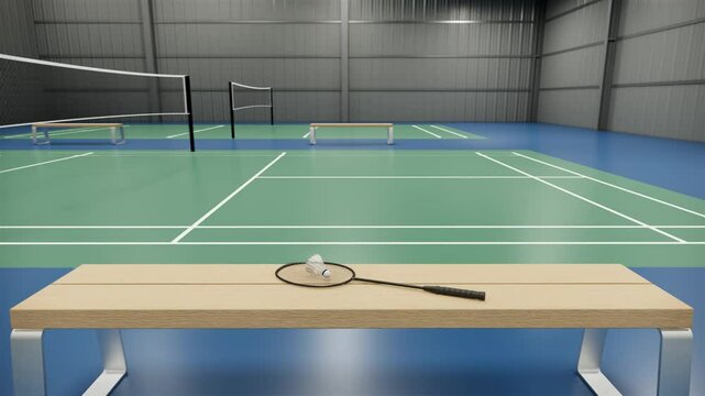 Video close up shot of shuttlecock and racket on bench at  indoor badminton court