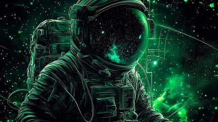 Emerald Space Explorer: An Astronaut Amidst a Vibrant Green Nebula and Stars

