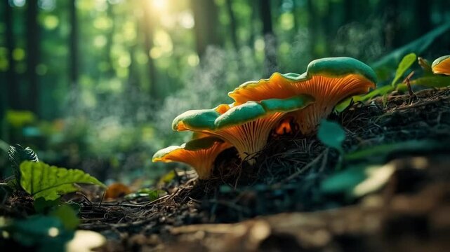The mushrooms grew densely in the damp forest, their caps varying in color and size.
