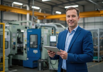 Man in suit holding a tablet in a factory with industrial machinery equipment