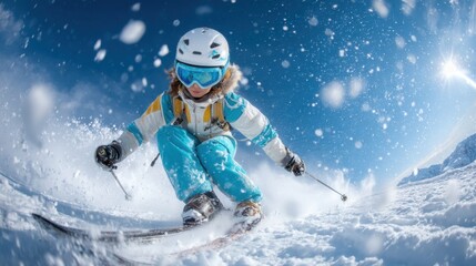 Young Skier in Teal Suit Skiing Down Snowy Mountain Slope