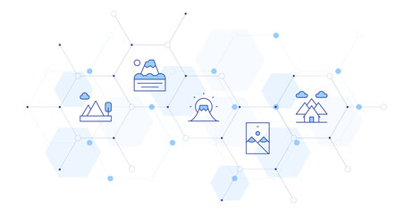 Mountain Banner Vector Illustration with Icon Style in Between. Line Duotone icon. Containing. mountains, mountain, fuji mountain, house