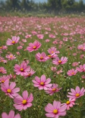 Fototapeta premium Pink cosmos flowers sway gently in a summer field , vibrant, plant