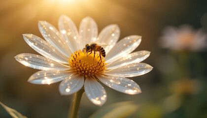 close up of daisy flower with bee