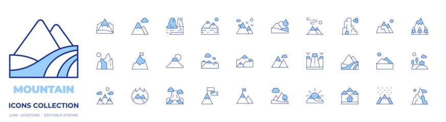 Mountain icons collection. Line Duotone style, editable stroke. mountain, colorado, mountains, goal, landscape, burning, fuji mountain, hill