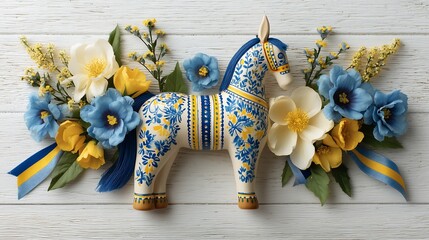 Swedish Holiday Flat Lay with Dala Horse and Ribbons