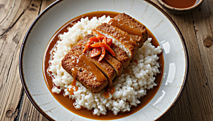 Culinary Delight: A beautifully plated meal with a generous serving of fluffy white rice and succulent meat, drizzled in rich gravy and garnished with vibrant accents.