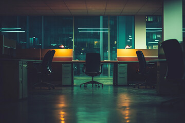 Empty office at night desks and chairs city view
