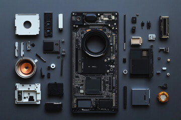Obraz premium Smartphone disassembled components flatlay view showing internal parts and circuitry