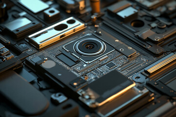 Fototapeta premium Closeup of smartphone internal components showing camera lens and circuit board