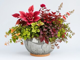 Naklejka premium Glazed Terracotta Pot with Red-Magenta Hostas and Cotoneaster