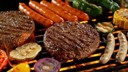 Close-up of Tasty Various Meat on Barbeque Grill with Roaring Flames