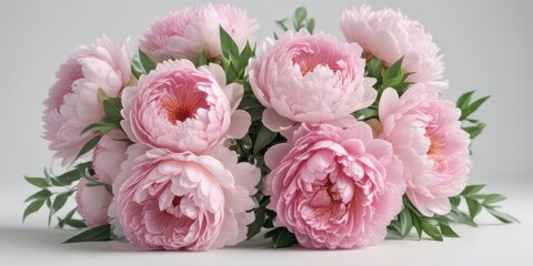 Delicate pink peonies and roses bouquet White background, copy space , studio shot, copy space