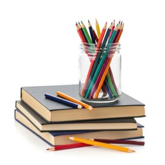 Fototapeta premium Colored pencils in jar on books isolated on white background. use cases: education, art, creativity.