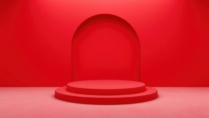 Minimalist red stage with a circular platform and arched backdrop in a modern, empty space.