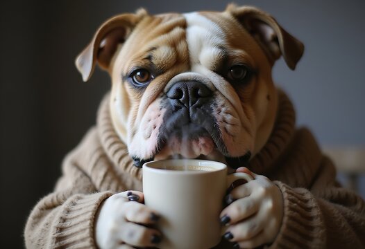 Grumpy dog holding warm coffee mug on a cozy morning table