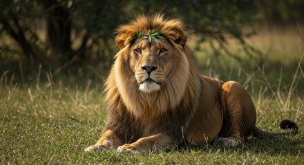 Obraz premium Lion Portrait Lying in Grass | King of the Jungle, Wildlife Photography for Conservation and Safari Adventure