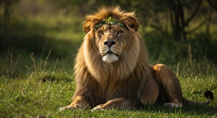 Obraz premium Lion with Green Wreath Resting on Grass | Majestic King of the Jungle for Wildlife Conservation and Nature Documentaries