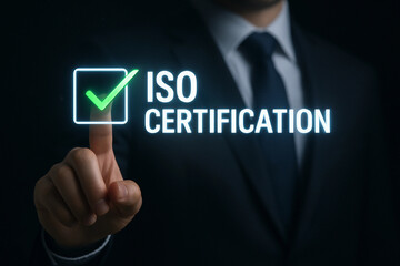 Man is pressing a button that says ISO Certification