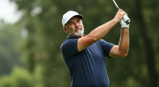 Focused middle aged man swinging a golf club during a game on a green course outdoors.