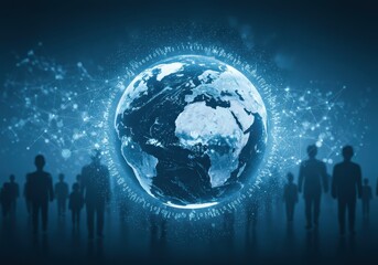 Digital globe surrounded by binary code and network connections with people silhouettes