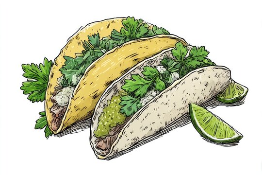 tacos with lime, green herbs, food art clip art preview