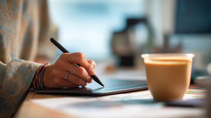 Digital artist working on tablet with stylus and coffee break in office setting for creative professional 