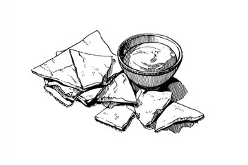 Chips  Dip Black and White Hand Drawn Illustration.