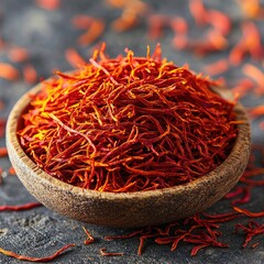 Fototapeta premium Close-up view of dried saffron threads in a wooden bowl.