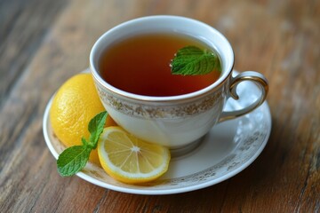 Red tea in glass mug with lemon slice