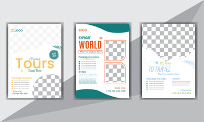 Modern and minimalist set of 3 travel flyer design, Creative Marketing Solution Flyer. Leaflet presentation, book cover, layout in A4.