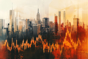 Cityscape overlaid with stock market graph showing financial trends and urban development