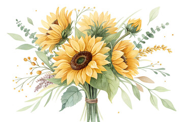 Watercolor Sunflower Bouquet Isolated on Transparent Background