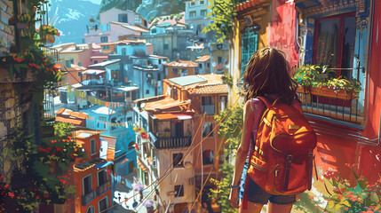 Obraz premium A tourist with a backpack looking at the colorful buildings of a hillside town in italy art