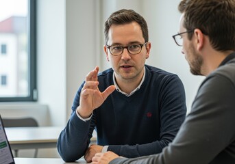 Two men are having a discussion at a table in an office setting near a window