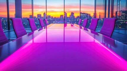 Modern Conference Room with City View at Dusk and Neon Lighting
