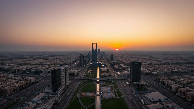 Futuristic riyadh cityscape at golden hour a drones eye view of modern urban development and infrastructure