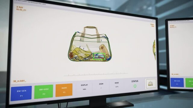 Checking the baggage at the airport customs. Airport Customs Security is looking for banned items. Airport customs system has detected a small bottle of alcohol in a bag. Airplane Safety. Scan. UI.